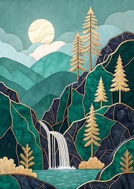 Moonlit Forest Waterfall Art Print Wall Decor