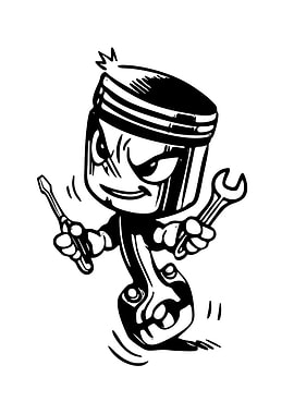 Cartoon Piston Character with Tools