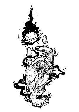 Hand Holding Space Ink Drawing