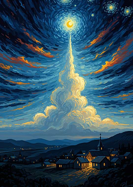 Night Sky Village Painting