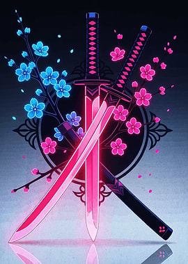 Neon Katanas with Cherry Blossoms