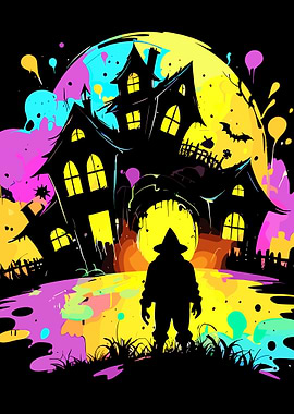Colorful Halloween Haunted House Illustration