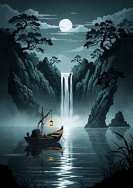 Moonlit Waterfall Boat