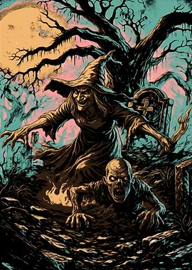 Witch and Zombie in Graveyard Scene