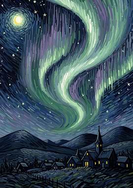 Aurora Borealis over Village Painting