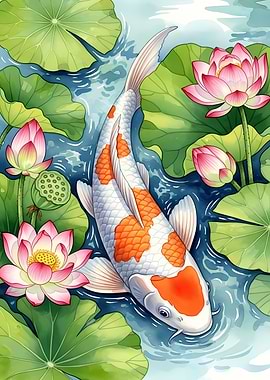 Koi Fish and Lotus Flowers Illustration