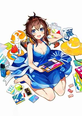 Anime Girl with Tablet and Summer Items