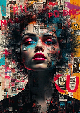 Abstract Portrait with Newspaper Collage Background