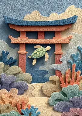 Turtle Swimming Through Torii Gate