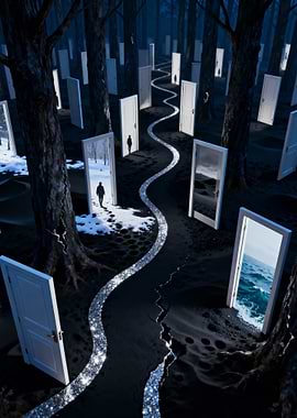 Mystical Forest Path with Open Doors