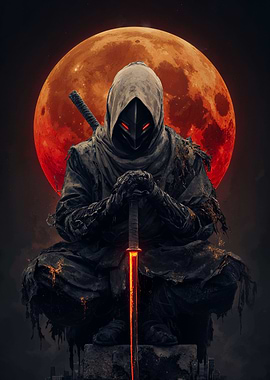 Hooded Ninja with Glowing Sword and Moon