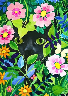 Black cat hiding in flowers