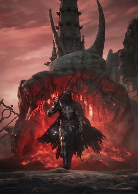 Dark Knight in a Fiery Landscape