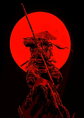 Red Samurai Warrior on Mountain Peak