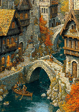 Medieval Village Scene with Stone Bridges
