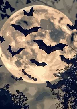 Bats flying in front of the moon