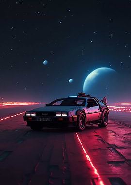 DeLorean in a futuristic landscape