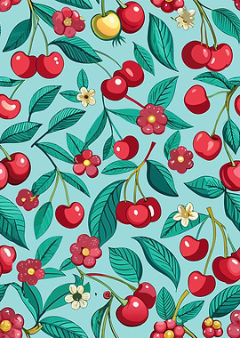 Cherry and Floral Pattern on Blue