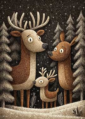 Cartoon Deer Family in Winter Forest