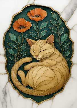 Sleeping Cat with Poppies Art