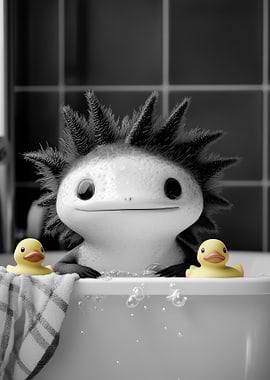 Axolotl in Bathtub with Rubber Ducks