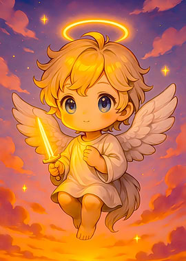 Cute Angel with Sword in the Sky