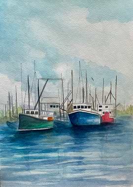 New England Marina Watercolor