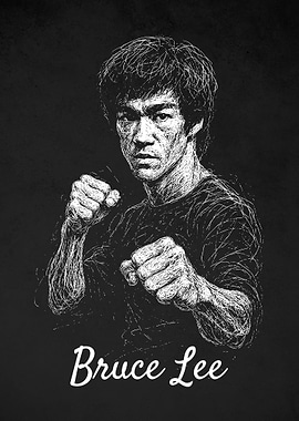 Bruce Lee Portrait - Black and White Scribble Art