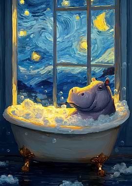 Hippo in Bathtub, Starry Night