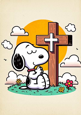 Snoopy Praying by Cross Cartoon