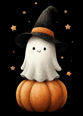 Cute Halloween Ghost on Pumpkin