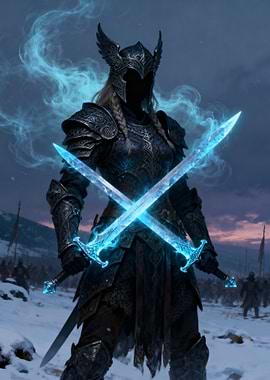 Fantasy Warrior with Glowing Swords