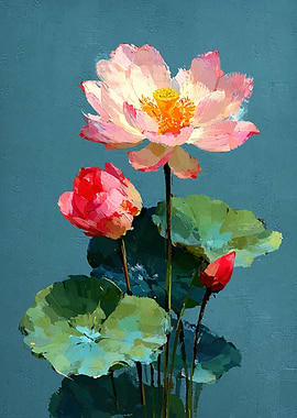 Lotus Flowers Painting on Blue Background