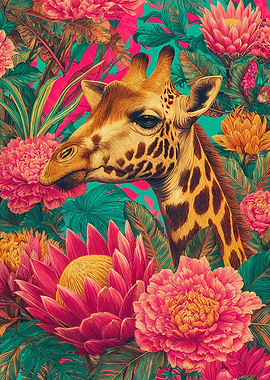 Giraffe in Floral Jungle