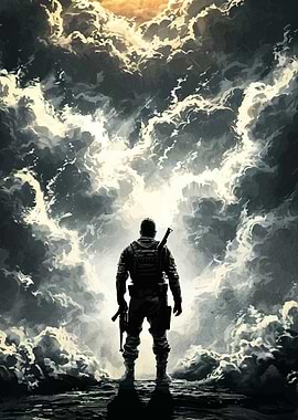 Soldier Standing Before Stormy Sky