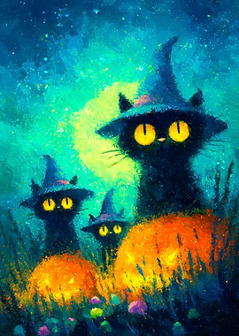 Whimsical Halloween Cats with Pumpkins