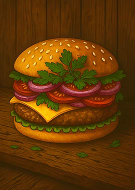Delicious Burger on Wooden Surface