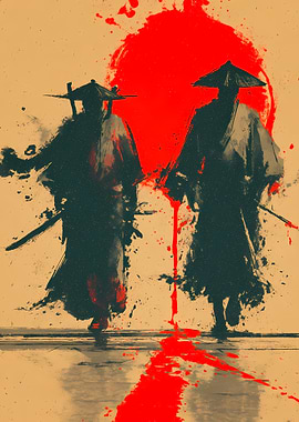 Two Samurai Warriors with Red Sun