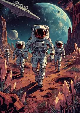 Astronauts Exploring Alien Planet Landscape