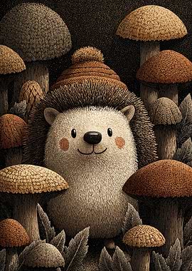 Cute Hedgehog with Mushrooms