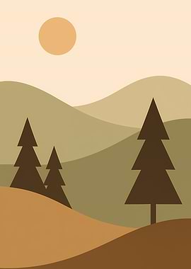 Minimalist Landscape with Trees and Sun