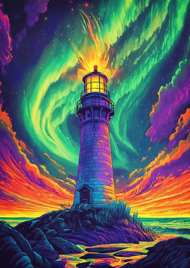 Colorful Lighthouse Aurora Sky