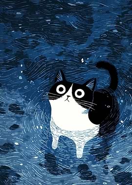 Cartoon Cat in Blue Water