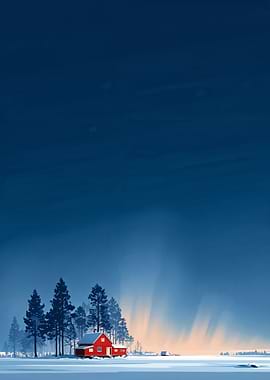 Winter landscape with red house