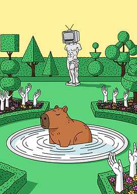 Capybara in Garden with TV Statue