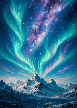 Fantasy Aurora Borealis over Snowy Mountains