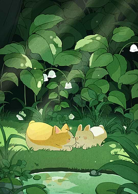 Corgi and Rabbit in Forest Glade