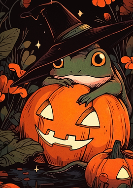 Frog Witch on Pumpkin Halloween Art