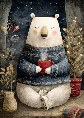 Cozy Polar Bear with Hot Drink