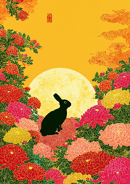 Rabbit and Moon with Floral Border